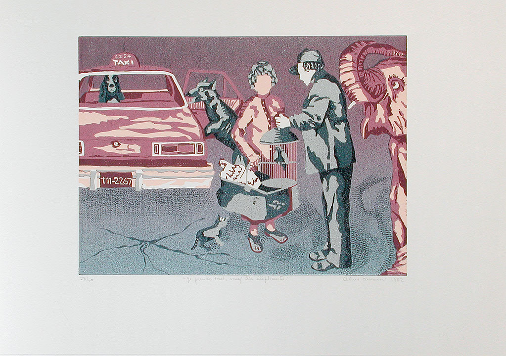 Photo de l’œuvre Je prends tout, sauf les éléphants (tirée de l’album « Taxicologie », 1983) de Aline Carreau (Afficher en plein écran)