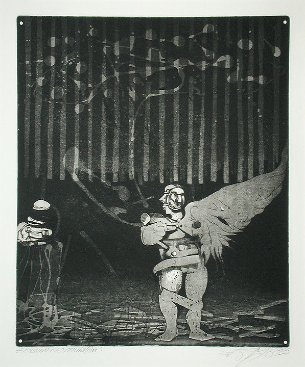 Photo de l’œuvre [Personnage à l’aile au masque attaché] (de la série « Le Prince sans rire », 1982 - 1983) de Louis-Pierre Bougie (Afficher en plein écran)