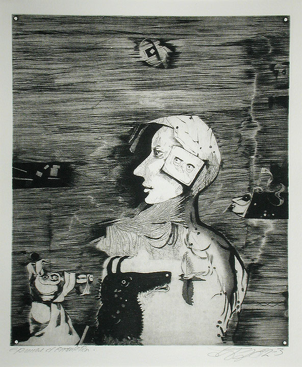 Photo de l’œuvre [Personnage aux deux chiens] (de la série « Le Prince sans rire », 1982 - 1983) de Louis-Pierre Bougie (Afficher en plein écran)