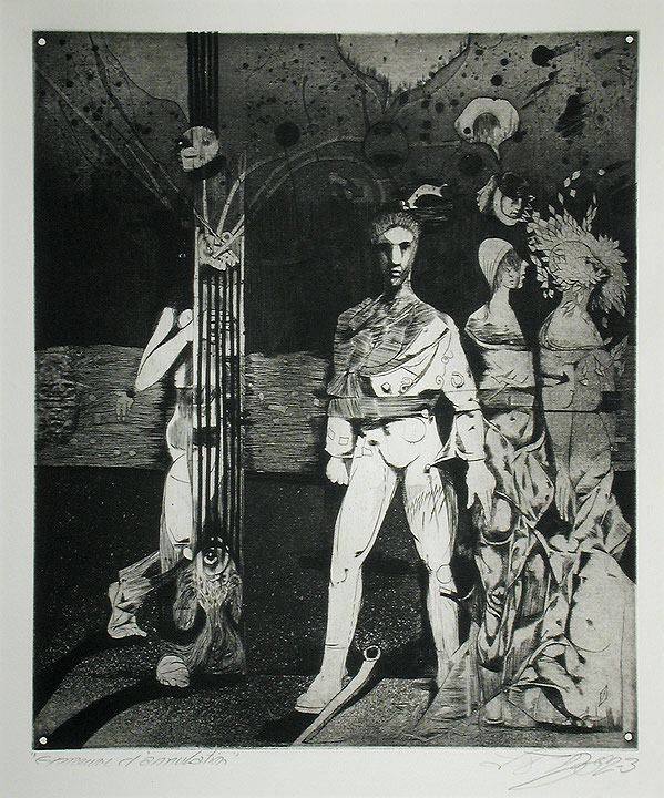Photo de l’œuvre [L’Homme à la colonne et deux femmes] (de la série « Le Prince sans rire », 1982 - 1983) de Louis-Pierre Bougie (Afficher en plein écran)