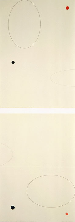 Photo de l’œuvre Construction of Vision (vertical in two sheets, 3 colour properties, 4 conics) de David Rabinowitch (Afficher en plein écran)