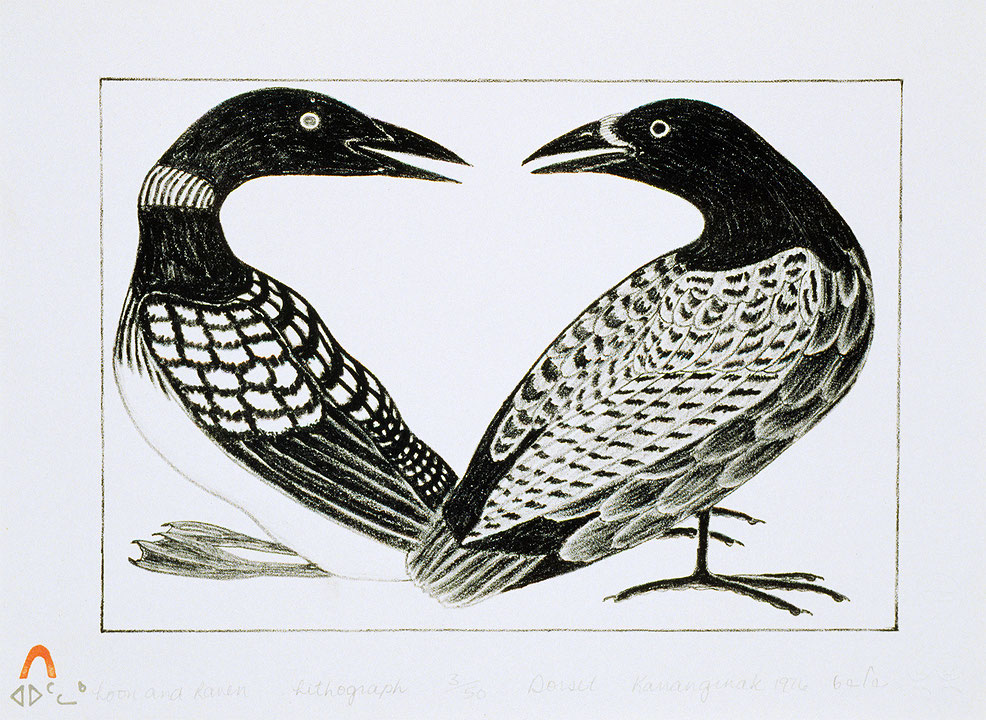 Photo de l’œuvre Le Huard et le corbeau de ᑲᓇᒋᓇ ᐳᑐᒍᑭ Kananginak Pootoogook (Afficher en plein écran)