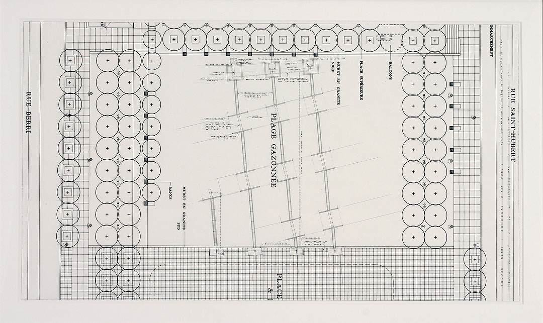 Photo de l’œuvre Square Berri : Concours d’art public : Plan d’implantation et système de canalisation de l’eau / Dessin 2.2 de Melvin Charney (Afficher en plein écran)