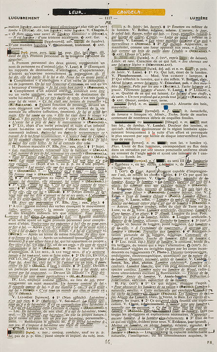 Photographie couleur d’une page d’un dictionnaire français. L’artiste a effectué un travail de codification, barrant, annotant et liant certains mots. (Afficher en plein écran)