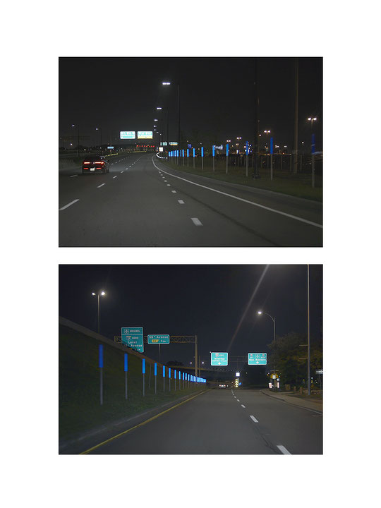 Photo de l’œuvre Plaques réfléchissantes, nuit (de l’installation « Bleu de bleu », 2015-2018) de Alain Paiement (Afficher en plein écran)