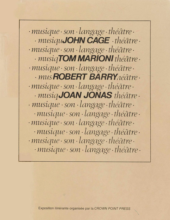 Couverture du catalogue John Cage, Tom Marioni, Robert Barry, Joan Jonas : musique, son, langage, théâtre