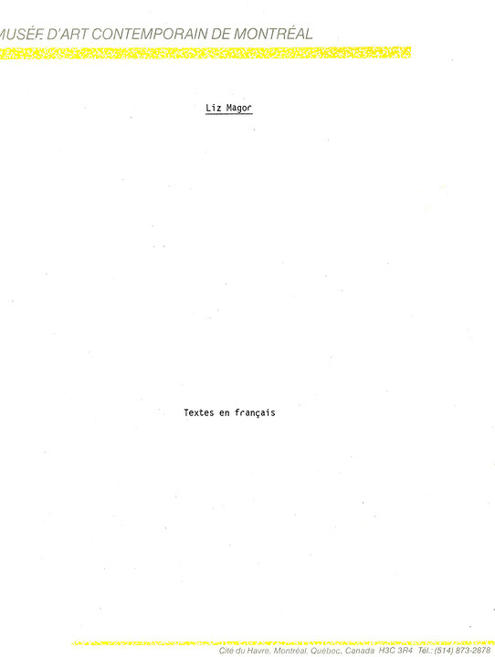 Couverture du catalogue Liz Magor : textes en français