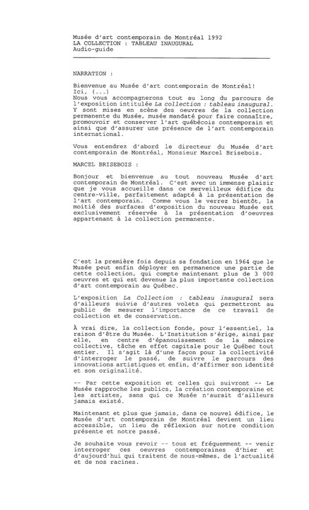 Première page du petit imprimé La Collection : Tableau inaugural : Audio-guide