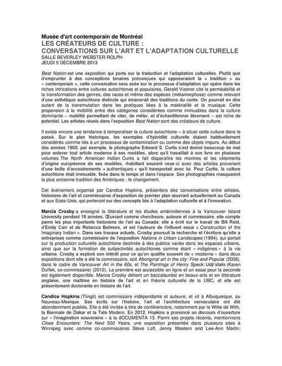 Première page du petit imprimé Les créateurs de culture : Conversations sur l’art et l’adaptation culturelle