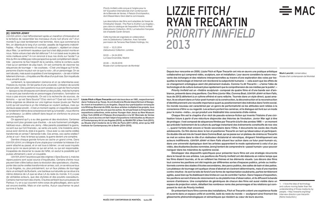 Première page du petit imprimé Lizzie Fitch / Ryan Trecartin : Priority Innfield, 2013
